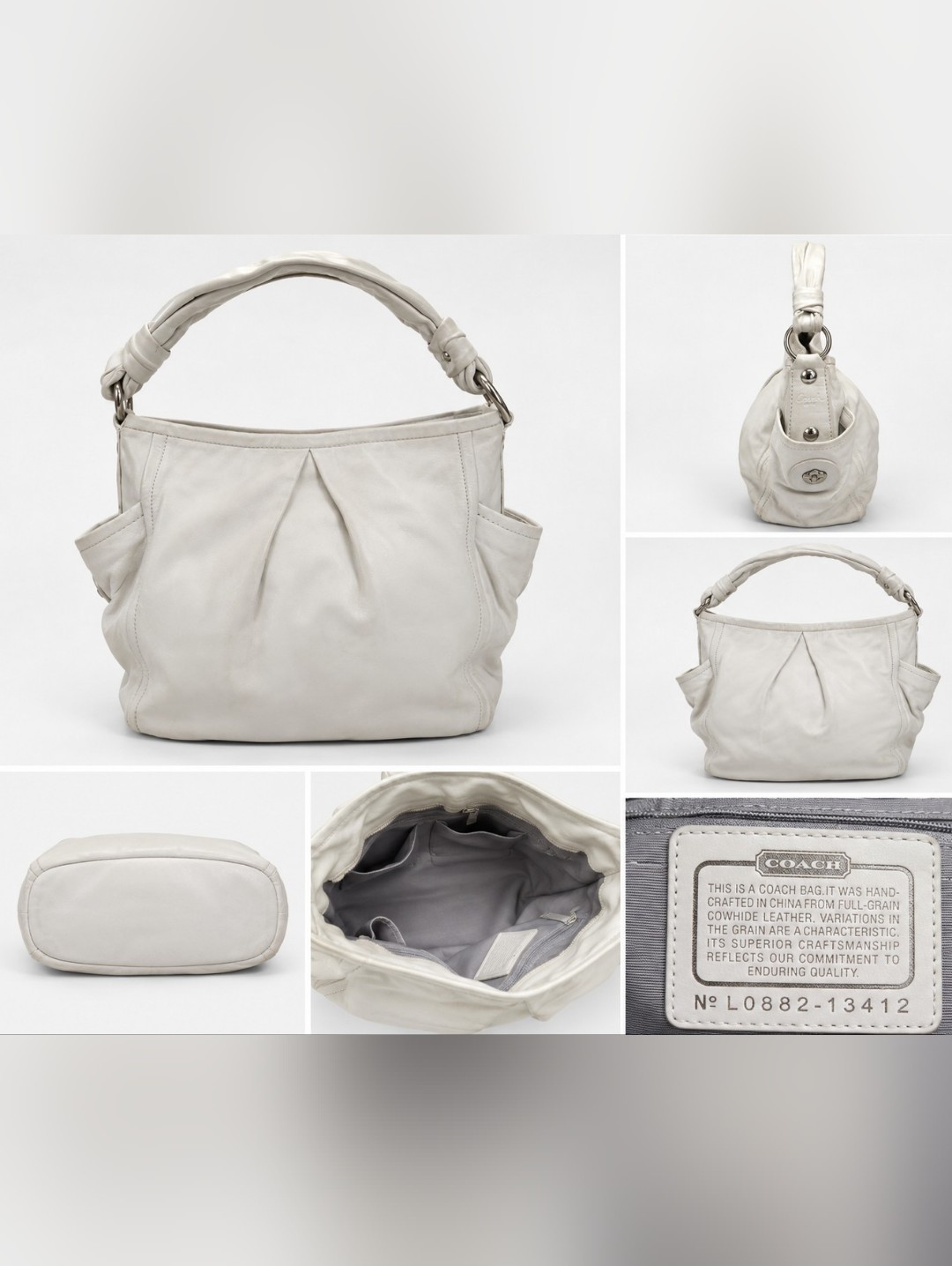 Coach 13412 White Full Grain Leather Shoulder Hobo Bag Tote Purse Silver Hardwar